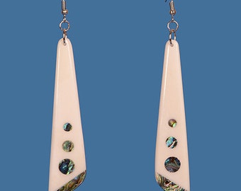 Bone Drop Earrings With Paua Shell Inlay - Handmade Maori Bone Carving from New Zealand