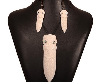 Bone Tiki Taiaha Head Pendant Necklace & Earring Set