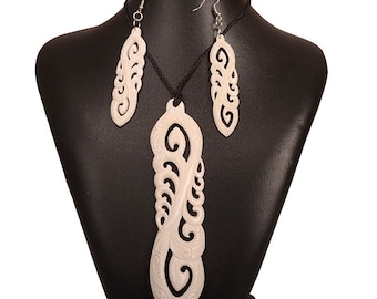 Bone Koru Family Pendant Necklace & Earrings Set