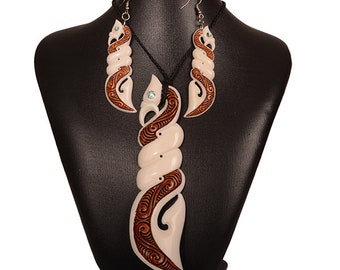 Extra Large Bone Stained Manaia Pendant Necklace & Earrings Set