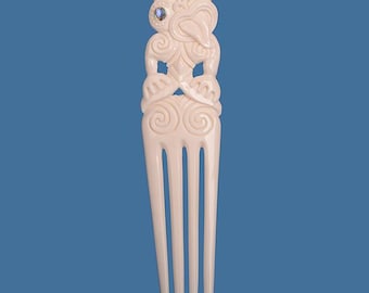 Large Tiki Heru - Handmade Māori Bone Carving with Paua Detail