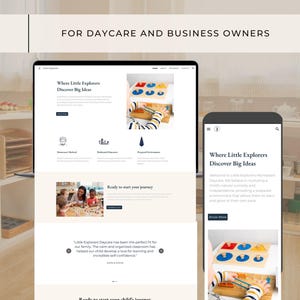 Könnte beinhalten: Eine Website und ein Smartphone-Bildschirm, die die Webseite "Where Little Explorers Discover Big Ideas" anzeigen. Die Website zeigt Bilder von Kindern und Text. Der Satz "FOR DAYCARE AND BUSINESS OWNERS" steht oben.