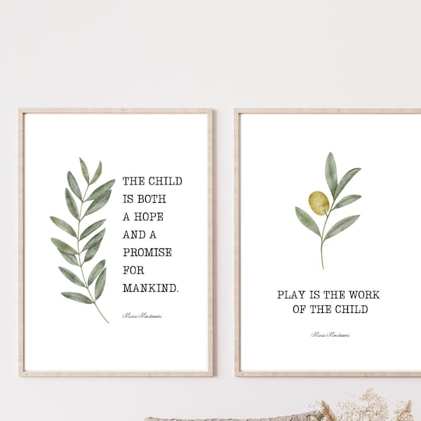 Watercolor floral wall art quotes Montessori, Play is the work of the child, printable decor, kids quotes, classroom, homeschool print