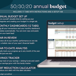 Puede incluir: Una pantalla de computadora port&aacute;til que muestra una hoja de c&aacute;lculo con el t&iacute;tulo "Presupuesto anual 50/30/20". La hoja de c&aacute;lculo incluye pesta&ntilde;as para "Configuraci&oacute;n del presupuesto anual", "Tableros mensuales", "Revisi&oacute;n anual", "An&aacute;lisis del a&ntilde;o hasta la fecha", "Seguimiento de ahorros" y "Calculadora de reducci&oacute;n de deudas". La hoja de c&aacute;lculo est&aacute; dise&ntilde;ada para ayudar a los usuarios a realizar un seguimiento de sus ingresos, gastos y ahorros.