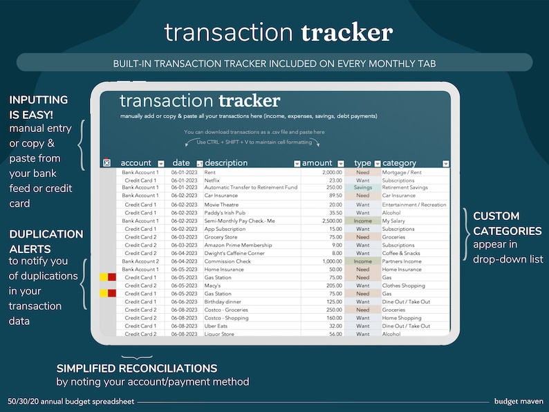 Puede incluir: Una captura de pantalla de una hoja de c&aacute;lculo con un rastreador de transacciones. La hoja de c&aacute;lculo est&aacute; etiquetada como "transaction tracker" y tiene columnas para la cuenta, la fecha, la descripci&oacute;n, el monto, el tipo y la categor&iacute;a. La hoja de c&aacute;lculo est&aacute; dise&ntilde;ada para ayudar a los usuarios a realizar un seguimiento de sus ingresos y gastos.