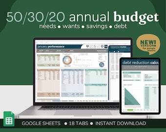 ¡NUEVO! Hoja de cálculo de presupuesto anual 50/30/20 de Google Sheets / Seguimiento del presupuesto anual 2026 / Plantilla de presupuesto / Planificador financiero