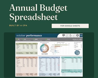 May include: An annual budget spreadsheet digital download for Google Sheets by Budget Maven. The interface displays an October performance dashboard with income, expense, and savings tables, a pie chart, and a progress bar on a dark green background.