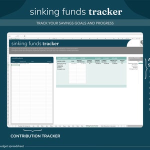 Puede incluir: Una plantilla de hoja de c&aacute;lculo verde y blanca para realizar un seguimiento de los fondos de reserva. La hoja de c&aacute;lculo incluye secciones para las contribuciones, el resumen de los fondos y el progreso de los objetivos. El texto "sinking funds tracker" est&aacute; en la parte superior de la hoja de c&aacute;lculo. El texto "TRACK YOUR SAVINGS GOALS AND PROGRESS" est&aacute; debajo del t&iacute;tulo. El texto "AUTOMATED SUMMARY" est&aacute; en el lado derecho de la hoja de c&aacute;lculo. El texto "simply input your goals and expected contributions, and everything else is done for you!" est&aacute; debajo del texto "AUTOMATED SUMMARY". El texto "50/30/20 annual budget spreadsheet" est&aacute; en la parte inferior izquierda de la hoja de c&aacute;lculo. El texto "budget maven" est&aacute; en la parte inferior derecha de la hoja de c&aacute;lculo.
