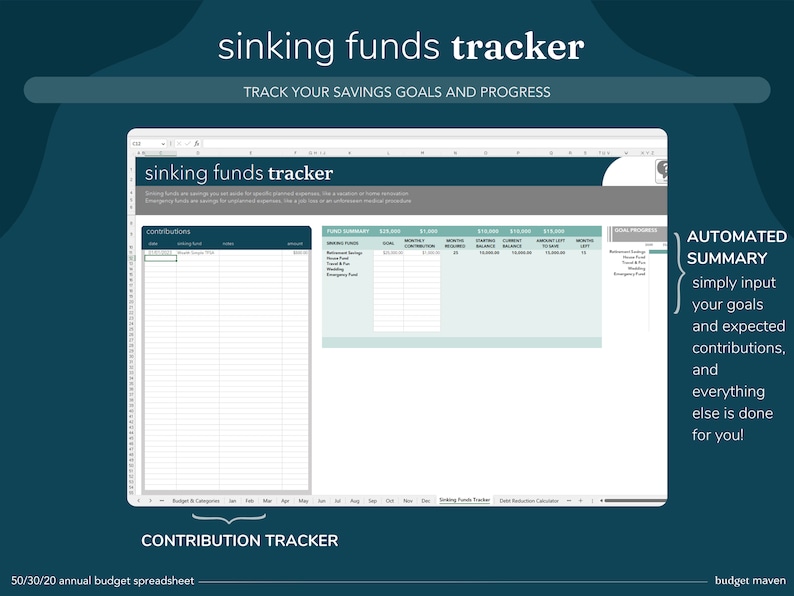 Puede incluir: Una plantilla de hoja de c&aacute;lculo verde y blanca para realizar un seguimiento de los fondos de reserva. La hoja de c&aacute;lculo incluye secciones para las contribuciones, el resumen de los fondos y el progreso de los objetivos. El texto "sinking funds tracker" est&aacute; en la parte superior de la hoja de c&aacute;lculo. El texto "TRACK YOUR SAVINGS GOALS AND PROGRESS" est&aacute; debajo del t&iacute;tulo. El texto "AUTOMATED SUMMARY" est&aacute; en el lado derecho de la hoja de c&aacute;lculo. El texto "simply input your goals and expected contributions, and everything else is done for you!" est&aacute; debajo del texto "AUTOMATED SUMMARY". El texto "50/30/20 annual budget spreadsheet" est&aacute; en la parte inferior izquierda de la hoja de c&aacute;lculo. El texto "budget maven" est&aacute; en la parte inferior derecha de la hoja de c&aacute;lculo.