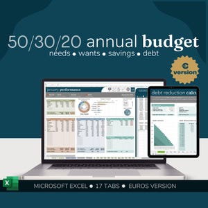Puede incluir: Una pantalla de computadora port&aacute;til que muestra una hoja de c&aacute;lculo con el t&iacute;tulo "Rendimiento de enero". La hoja de c&aacute;lculo es un rastreador de presupuesto con categor&iacute;as para necesidades, deseos, ahorros y deudas. Una pantalla de tableta m&aacute;s peque&ntilde;a muestra una hoja de c&aacute;lculo con el t&iacute;tulo "Calculadora de reducci&oacute;n de deuda". La imagen incluye el texto "Presupuesto anual 50/30/20" y "Microsoft Excel 17 Pesta&ntilde;as Versi&oacute;n Euro".