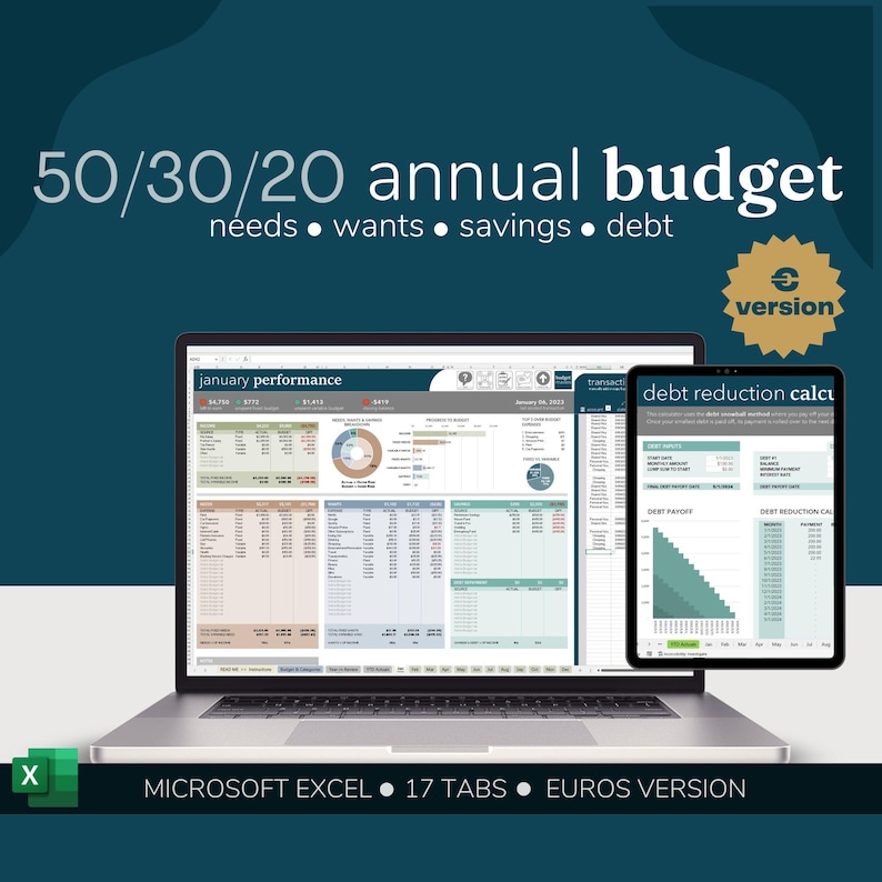 Puede incluir: Una pantalla de computadora port&aacute;til que muestra una hoja de c&aacute;lculo con el t&iacute;tulo "Rendimiento de enero". La hoja de c&aacute;lculo es un rastreador de presupuesto con categor&iacute;as para necesidades, deseos, ahorros y deudas. Una pantalla de tableta m&aacute;s peque&ntilde;a muestra una hoja de c&aacute;lculo con el t&iacute;tulo "Calculadora de reducci&oacute;n de deuda". La imagen incluye el texto "Presupuesto anual 50/30/20" y "Microsoft Excel 17 Pesta&ntilde;as Versi&oacute;n Euro".