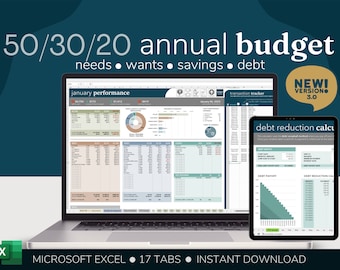 Spreadsheet jaarlijkse begroting 50/30/20 | Jaarlijkse budgettracker voor 2024 | Excel-budgetsjabloon | Financieel Planner | Luide budgettering