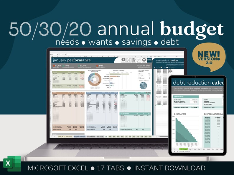 50/30/20 Annual Budget Spreadsheet 2024 Yearly Budget Tracker Excel