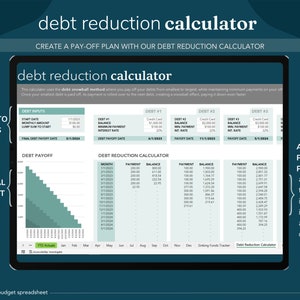 Puede incluir: Una hoja de c&aacute;lculo de calculadora de reducci&oacute;n de deuda con un gr&aacute;fico visual que muestra un plan de pago de deuda. La hoja de c&aacute;lculo incluye campos de entrada para la fecha de inicio, el monto mensual, la suma global para comenzar, la fecha de pago final de la deuda y la fecha de pago de la deuda. La hoja de c&aacute;lculo tambi&eacute;n incluye una calculadora de reducci&oacute;n de deuda con columnas para el mes, el pago y el saldo. La hoja de c&aacute;lculo se titula "Calculadora de reducci&oacute;n de deuda" y forma parte de una hoja de c&aacute;lculo de presupuesto anual 50/30/20.