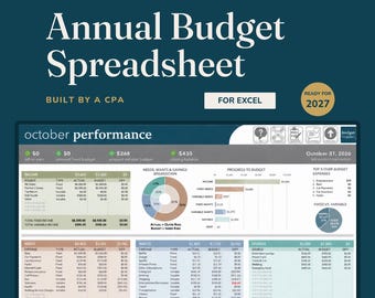 May include: An annual budget spreadsheet for Excel by Budget Maven, ready for 2027. The digital interface displays an October performance dashboard with income, needs, wants, and savings tables, a pie chart, and bar graphs for budget tracking.