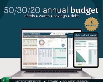 50/30/20 Annual Budget Spreadsheet | Pounds |  2026 Yearly Tracker | Excel Budget Template | Financial Planner | Save More Money