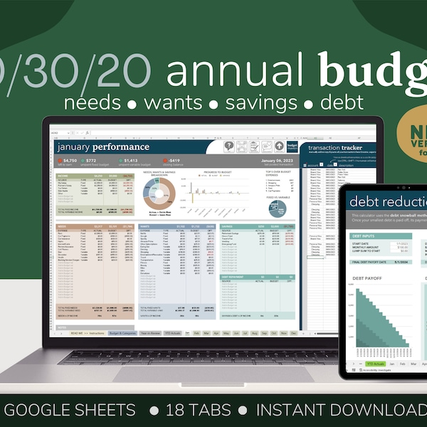 NEW! Google Sheets 50/30/20 Annual Budget Spreadsheet |  2024 Yearly Budget Tracker | Budget Template | Financial Planner | Loud Budgeting