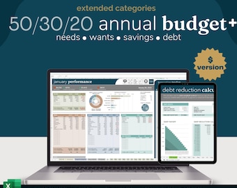 Hoja de cálculo de presupuesto anual 50/30/20 Plus / Categorías ampliadas / Seguimiento anual 2026 / Plantilla de presupuesto de Excel / Planificador financiero / Ahorre dinero