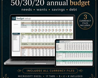 Annual Budget Spreadsheet Excel | 50/30/20 Monthly Budget Planner | Debt Snowball + Sinking Funds Tracker | USD GBP EUR Included