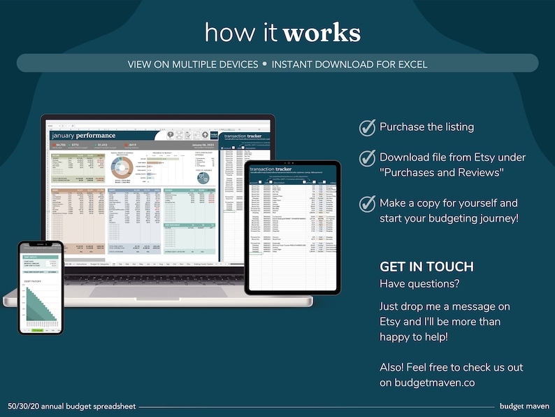 Puede incluir: Una ilustraci&oacute;n digital que muestra c&oacute;mo usar una hoja de c&aacute;lculo de presupuesto anual 50/30/20. La imagen muestra una computadora port&aacute;til, una tableta y un tel&eacute;fono inteligente que muestran la hoja de c&aacute;lculo. El texto "how it works" est&aacute; en la parte superior de la imagen. El texto "VIEW ON MULTIPLE DEVICES INSTANT DOWNLOAD FOR EXCEL" est&aacute; debajo del texto "how it works". El texto "50/30/20 annual budget spreadsheet" est&aacute; en la parte inferior de la imagen. El texto "budget maven" est&aacute; en la esquina inferior derecha de la imagen.