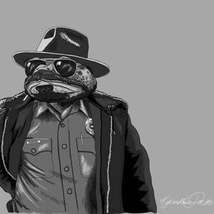 May include: A black and white illustration of a frog wearing a fedora, sunglasses, and a jacket with a badge that says "WONDER".