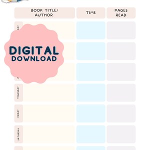Könnte beinhalten: Ein druckbarer Leselogbuch mit hellgrünem Hintergrund und einem rosa-blauen digitalen Download-Label. Das Logbuch hat Spalten für den Wochentag, Buchtitel oder Autor, die Lesezeit und die gelesenen Seiten.