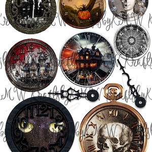 May include: A collection of Halloween-themed clock faces with various designs. The clocks feature images of a haunted house, a pumpkin, a skull, and a cat's eyes. The text "Halloween Clocks without hands" is visible.
