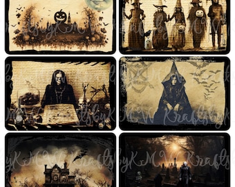 May include: A set of six vintage Halloween images in sepia tones. The images depict witches, a haunted house, and a graveyard. One image features a smiling moon. The overall aesthetic is vintage and eerie, with black accents enhancing the sepia tones.
