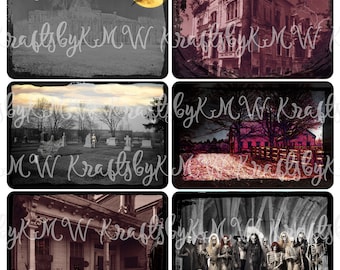 May include: A digital collage of four spooky images. The first image shows a large, dark house with a full moon in the sky. The second image shows a dark, red-toned house with a porch and windows. The third image shows a graveyard with tombstones and trees. The fourth image shows a group of skeletons and ghosts standing in a dark, gothic setting.