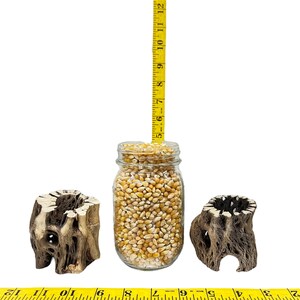 May include: A glass jar filled with yellow popcorn kernels, next to two brown, wooden, decorative pieces. A yellow measuring tape is in the background.