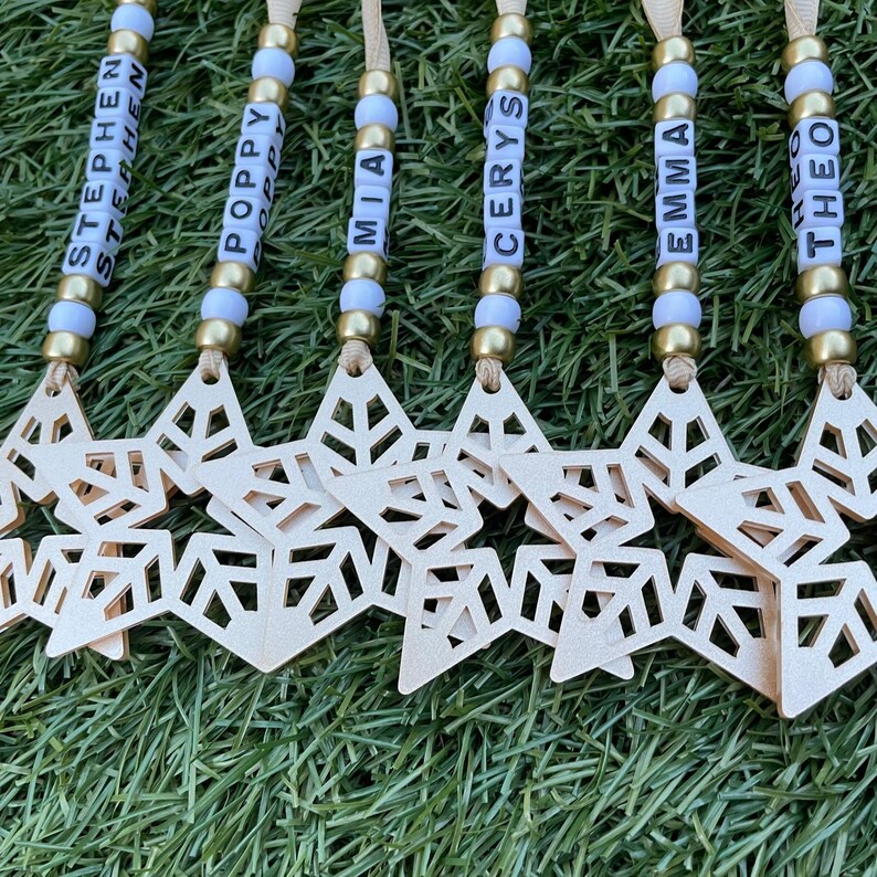 Bead and Star Shape Personalised Name Decoration Gold Christmas Nursery