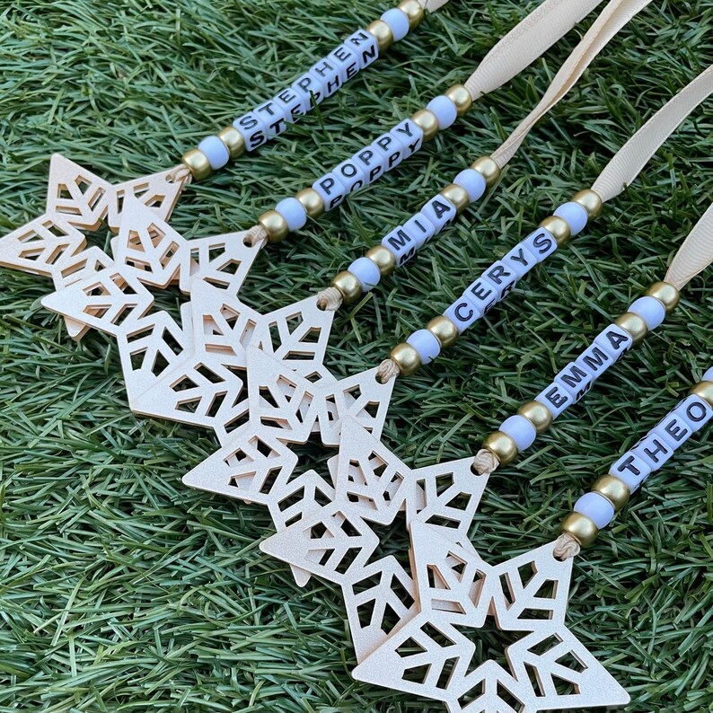 Bead and Star Shape Personalised Name Decoration Gold Christmas Nursery