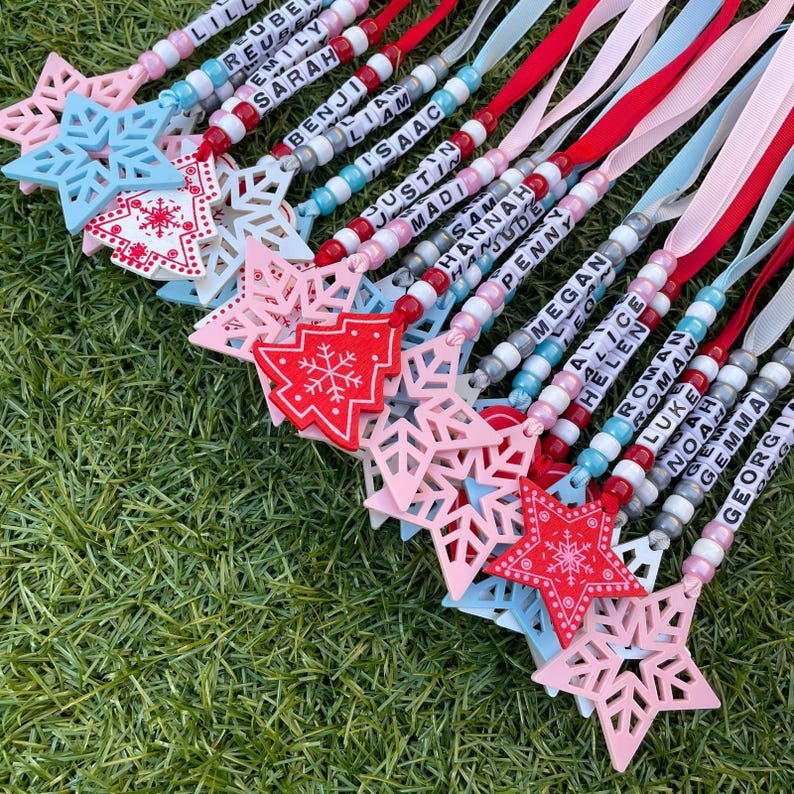 Bead and Star Shape Personalised Name Decoration Gold Christmas Nursery