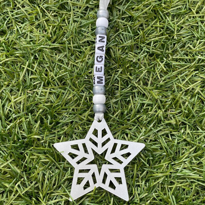 Bead and Star Shape Personalised Name Decoration Silver Christmas