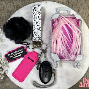 Può includere: Una collezione di accessori di sicurezza, tra cui un portachiavi con pompon nero, un braccialetto con motivo a cuore bianco e nero, una custodia rosa con rompivetro/tagliacintura, un allarme personale e una valigia in miniatura piena di carta rosa.