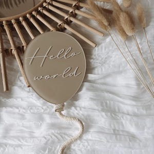 May include: A beige balloon-shaped sign with the words "Hello world" in white script. The sign is attached to a cream-coloured rope. The background includes a woven mirror and dried flowers, suggesting a baby announcement theme.