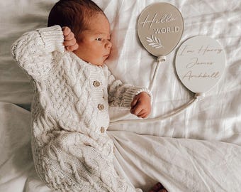 Single Personalised Acrylic Balloon Disc with string for new baby / Photo Prop / 2 sizes / Hello world /  Birth Announcement Name