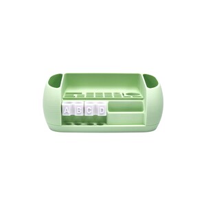 Puede incluir: Un organizador de escritorio verde claro con m&uacute;ltiples compartimentos. Cuenta con ranuras para bol&iacute;grafos, peque&ntilde;os cajones y una secci&oacute;n con las letras A, B, C y D en bloques blancos. El organizador est&aacute; dise&ntilde;ado para guardar varios &uacute;tiles de oficina.