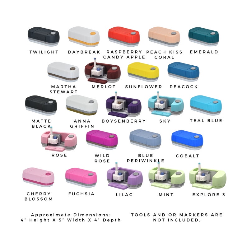 May include: A collection of colorful cutting machines in various shades, including black, red, and blue. The machines are labeled with names like "Twilight," "Raspberry Candy Apple," and "Cobalt." Approximate dimensions are 4" height x 5" width x 4" depth.