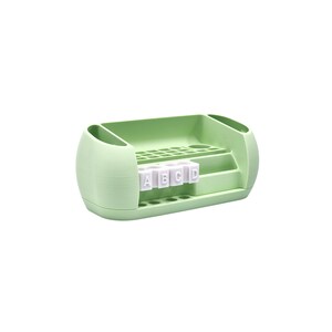 Puede incluir: Un organizador de escritorio verde claro con m&uacute;ltiples compartimentos y una superficie texturizada. Cuenta con ranuras para bol&iacute;grafos, l&aacute;pices y otros suministros, as&iacute; como una secci&oacute;n con las letras A, B, C y D. Dise&ntilde;ado para mantener un escritorio ordenado.