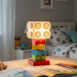 May include: A children's lamp in the shape of building blocks, with a white cube shade and a stack of red, yellow, blue, and green blocks. The lamp is on a wooden table with an open book and coloured pencils.