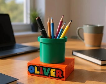 Mario Style Personalized Pen Holder – Desk Organizer for Kids & Gamers