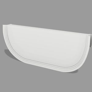 May include: White plastic half-round molding with three decorative grooves. The molding is designed for use as a decorative trim piece.