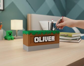 Pixel Grass Block Pen Holder – Personalized Kids Desk Organizer for Gamer Rooms
