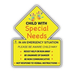 Vehicle Emergency Sticker 5" Yellow Autism Autistic Child Car Vehicle Neurodiversity Special Additional Needs Down Syndrome Large sticker