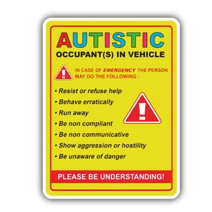 Vehicle Emergency Sticker 5" Yellow Autistic Occupant Occupants Car Window Vinyl Waterproof Weatherproof Auto Sticker