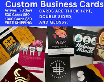 May include: A collection of custom business cards with various designs and colors. The cards are thick, double-sided, and glossy. The text on the cards includes "Helping Hands", "Smoke Pizza", "WISP", "R+R Contractors", "Underwood Bannerman", and "Orthodontic Dentistry".