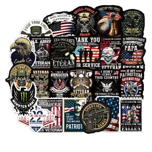 May include: A set of 22 colourful stickers featuring American flags, military-themed graphics, and patriotic slogans. The stickers include phrases like "Push Your Limit", "Veteran", "I Am A U.S. Veteran", "Thank You For Your Service", "Eteran", "Skull Force Squad", "Come Of The Free", "We Stand For The Flag", "We Kneel For The Fallen", "Shooting Range", "Monster Army", "By The Fallen", "Called Me Clinger", "Deplorable", "Infidel", "Papa", "Underestimate", "If My Patriotism Offends You", "You're In The Wrong Country", and "It Is Our Duty To Serve Those Who Serve".