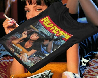 Pulp Fiction Movie Poster Graphic Black White Pink Blue Tshirt || ShopLikeBreezy