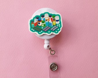 Pills badge reel, Pharmacy tech card holder, Pharmacist gift, Pharmacy badge clip, Medical ID card holder, Rx badge reel